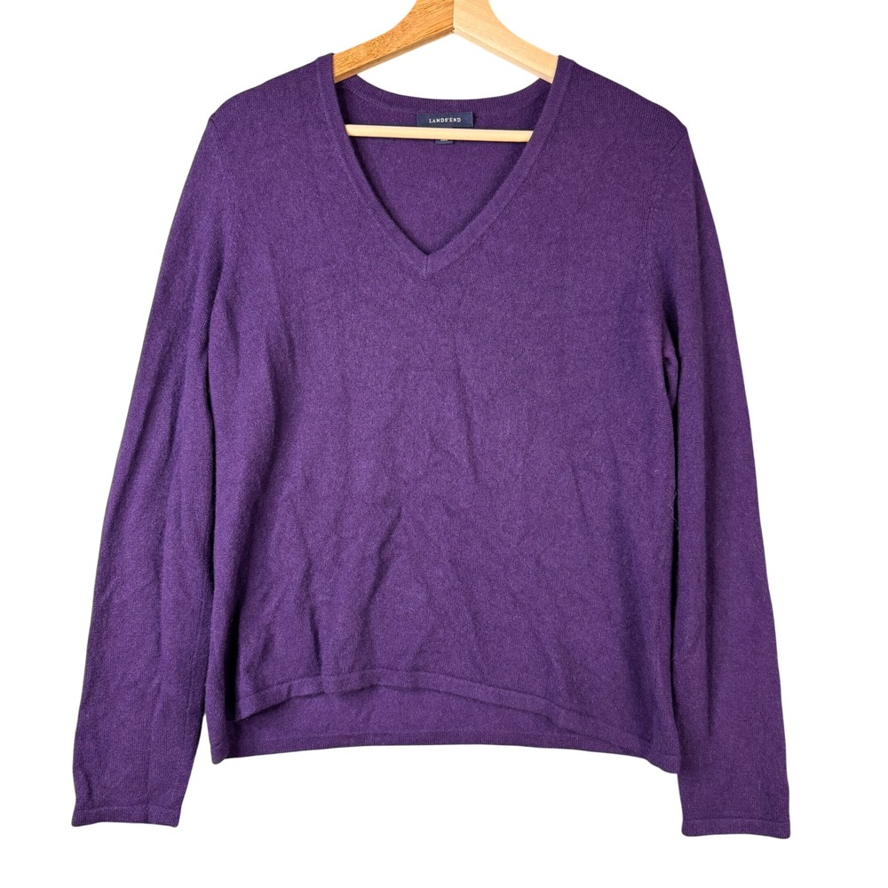 Lands End Womens Purple 100% Cashmere V-Neck Long Sleeve Sweater Size M 10-12